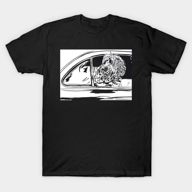 Labradoodle in a Car Linoprint T-Shirt by NattyDesigns
